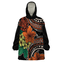 Vintage Hibiscus Pacific Floral Wearable Blanket Hoodie LT9 One Size Black - Polynesian Pride