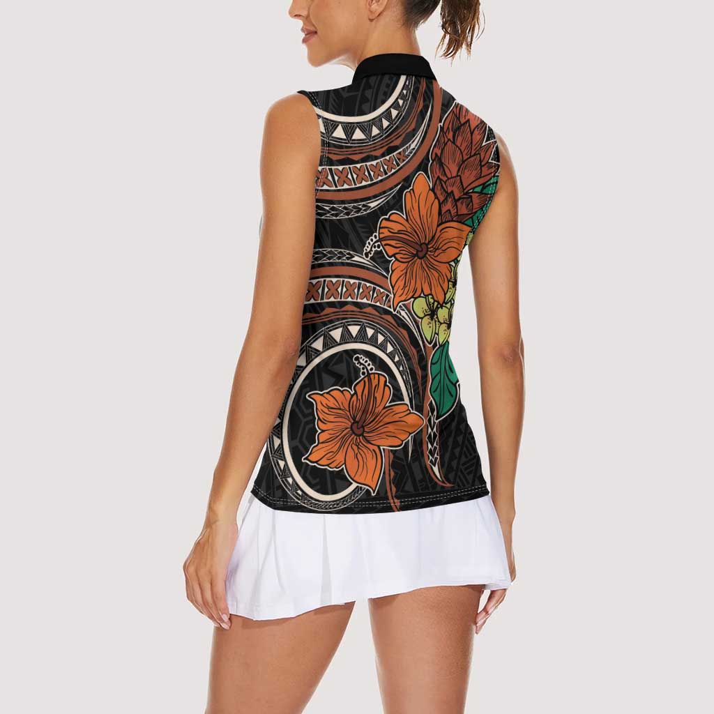 Vintage Hibiscus Pacific Floral Women Sleeveless Polo Shirt