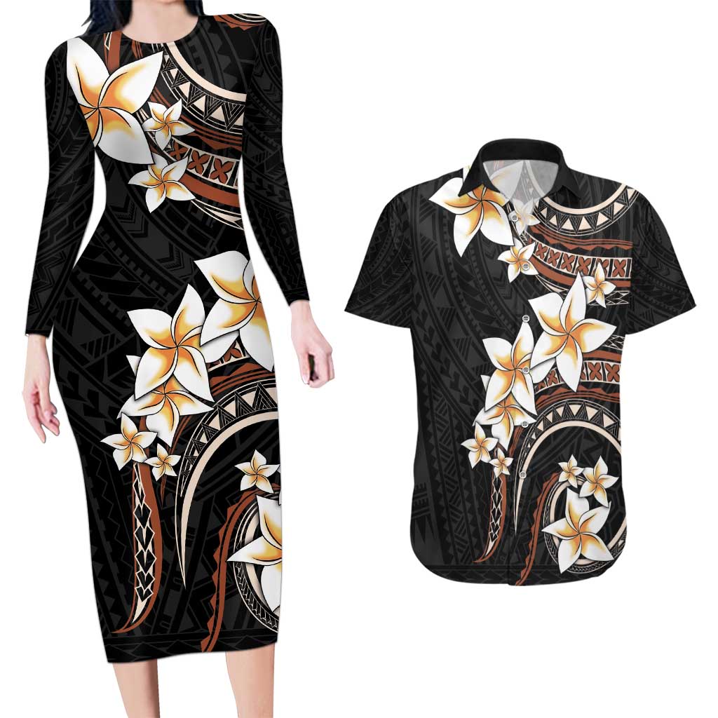 Vintage Plumeria Pacific Floral Couples Matching Long Sleeve Bodycon Dress and Hawaiian Shirt LT9 Black - Polynesian Pride