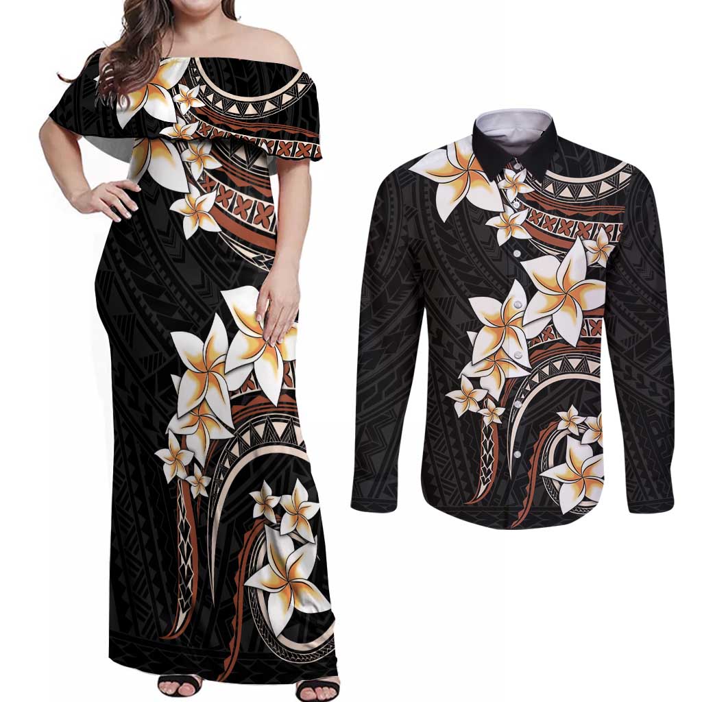 Vintage Plumeria Pacific Floral Couples Matching Off Shoulder Maxi Dress and Long Sleeve Button Shirt LT9 Black - Polynesian Pride