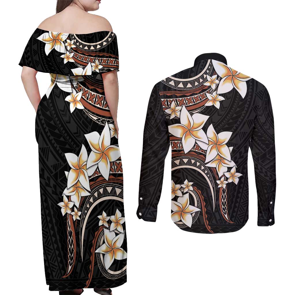 Vintage Plumeria Pacific Floral Couples Matching Off Shoulder Maxi Dress and Long Sleeve Button Shirt LT9 - Polynesian Pride