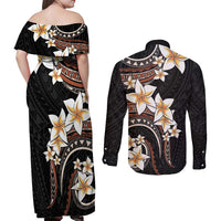 Vintage Plumeria Pacific Floral Couples Matching Off Shoulder Maxi Dress and Long Sleeve Button Shirt LT9 - Polynesian Pride