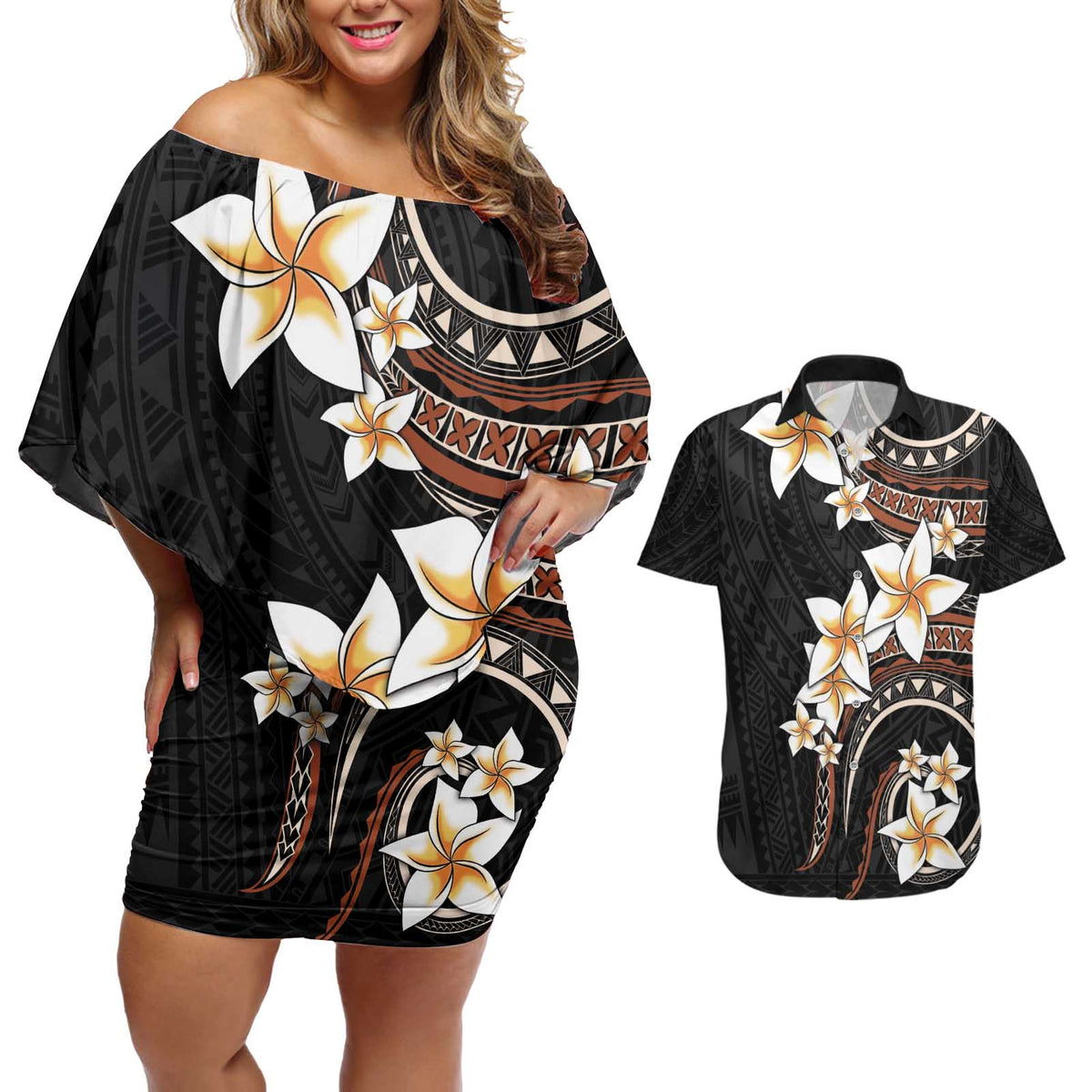 Vintage Plumeria Pacific Floral Couples Matching Off Shoulder Short Dress and Hawaiian Shirt LT9 Black - Polynesian Pride