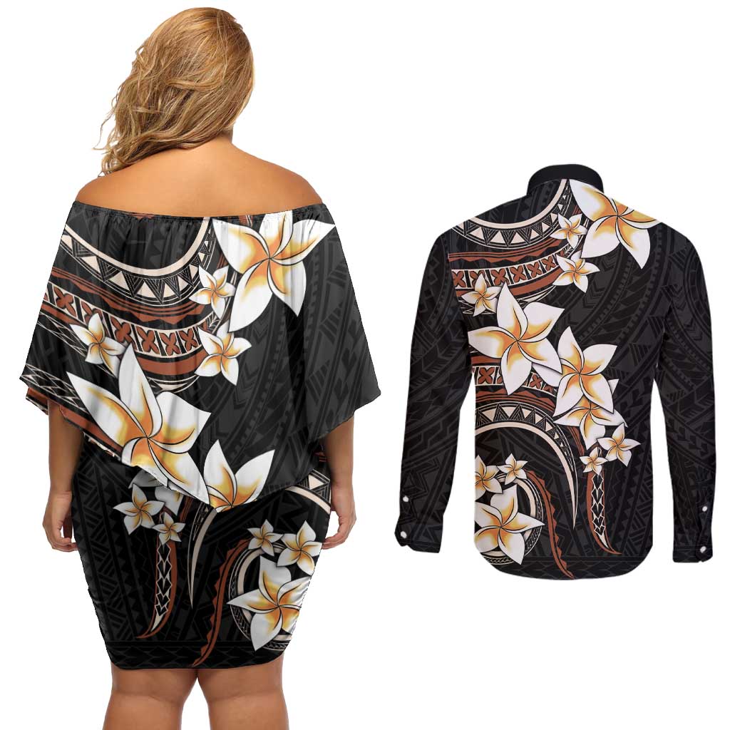 Vintage Plumeria Pacific Floral Couples Matching Off Shoulder Short Dress and Long Sleeve Button Shirt LT9 - Polynesian Pride