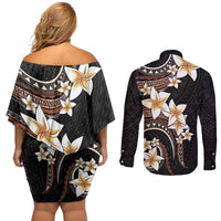 Vintage Plumeria Pacific Floral Couples Matching Off Shoulder Short Dress and Long Sleeve Button Shirt LT9 - Polynesian Pride