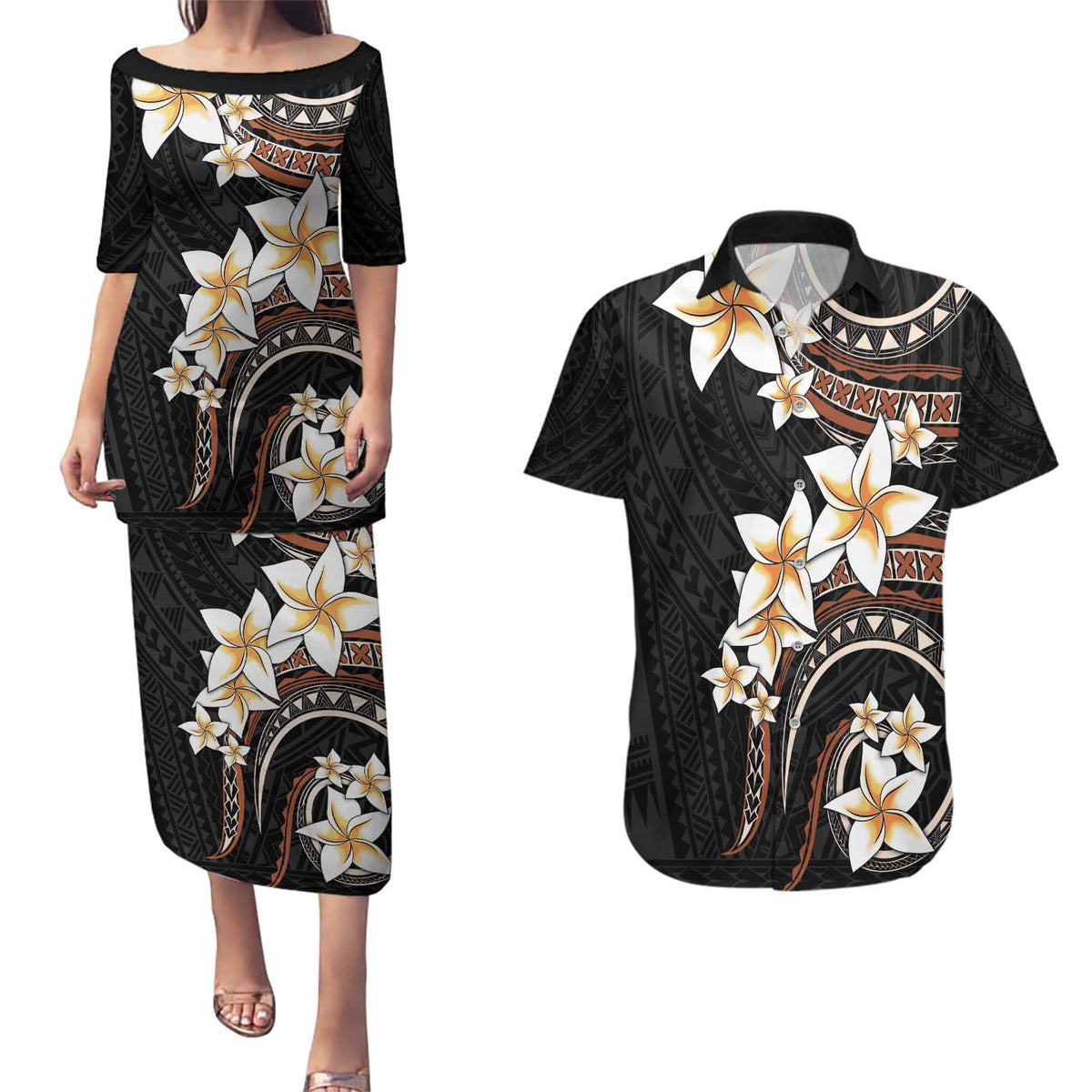 Vintage Plumeria Pacific Floral Couples Matching Puletasi and Hawaiian Shirt LT9 Black - Polynesian Pride