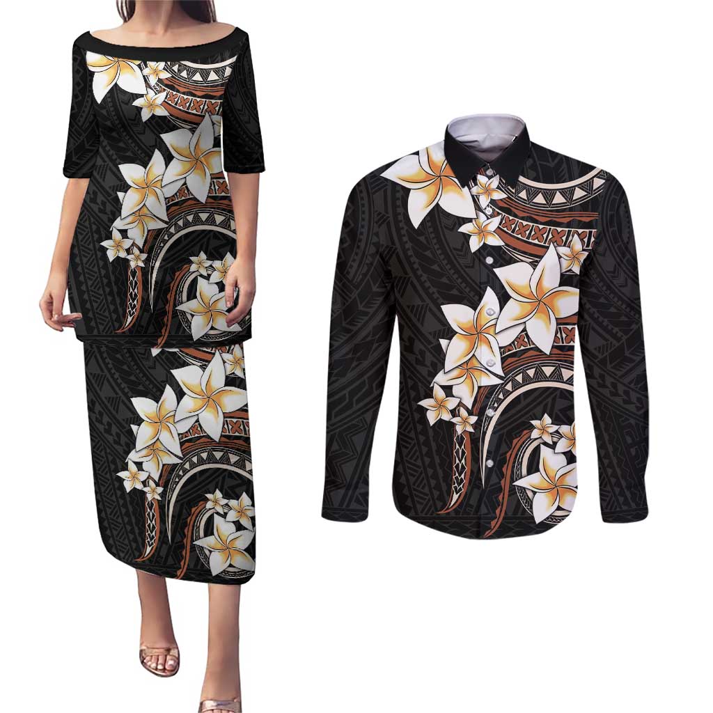 Vintage Plumeria Pacific Floral Couples Matching Puletasi and Long Sleeve Button Shirt LT9 Black - Polynesian Pride