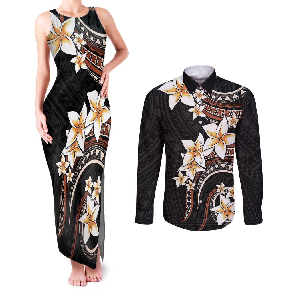 Vintage Plumeria Pacific Floral Couples Matching Tank Maxi Dress and Long Sleeve Button Shirt LT9 Black - Polynesian Pride