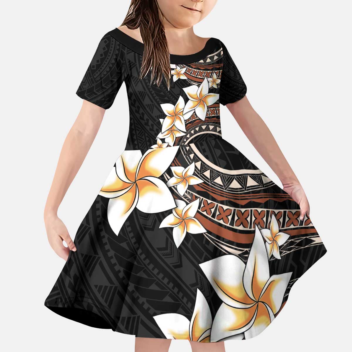 Vintage Plumeria Pacific Floral Family Matching Puletasi and Hawaiian Shirt LT9 Daughter's Dress Black - Polynesian Pride