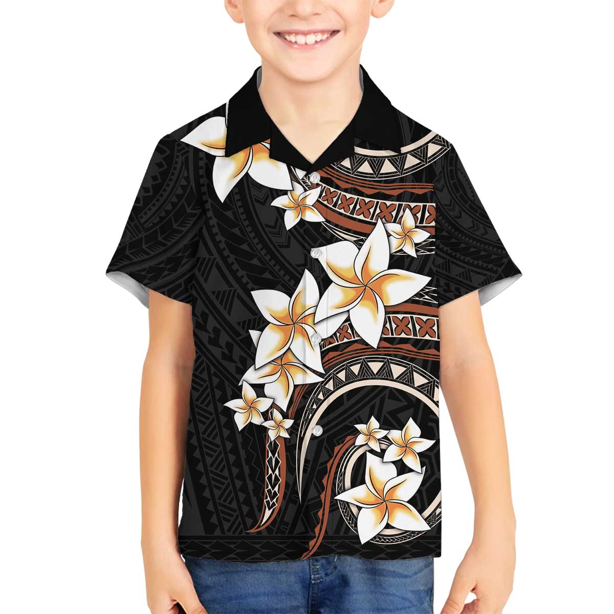 Vintage Plumeria Pacific Floral Family Matching Puletasi and Hawaiian Shirt LT9 Son's Shirt Black - Polynesian Pride