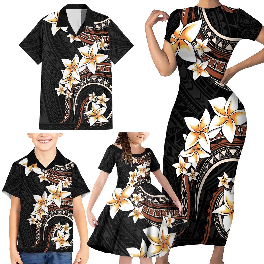 Vintage Plumeria Pacific Floral Family Matching Short Sleeve Bodycon Dress and Hawaiian Shirt