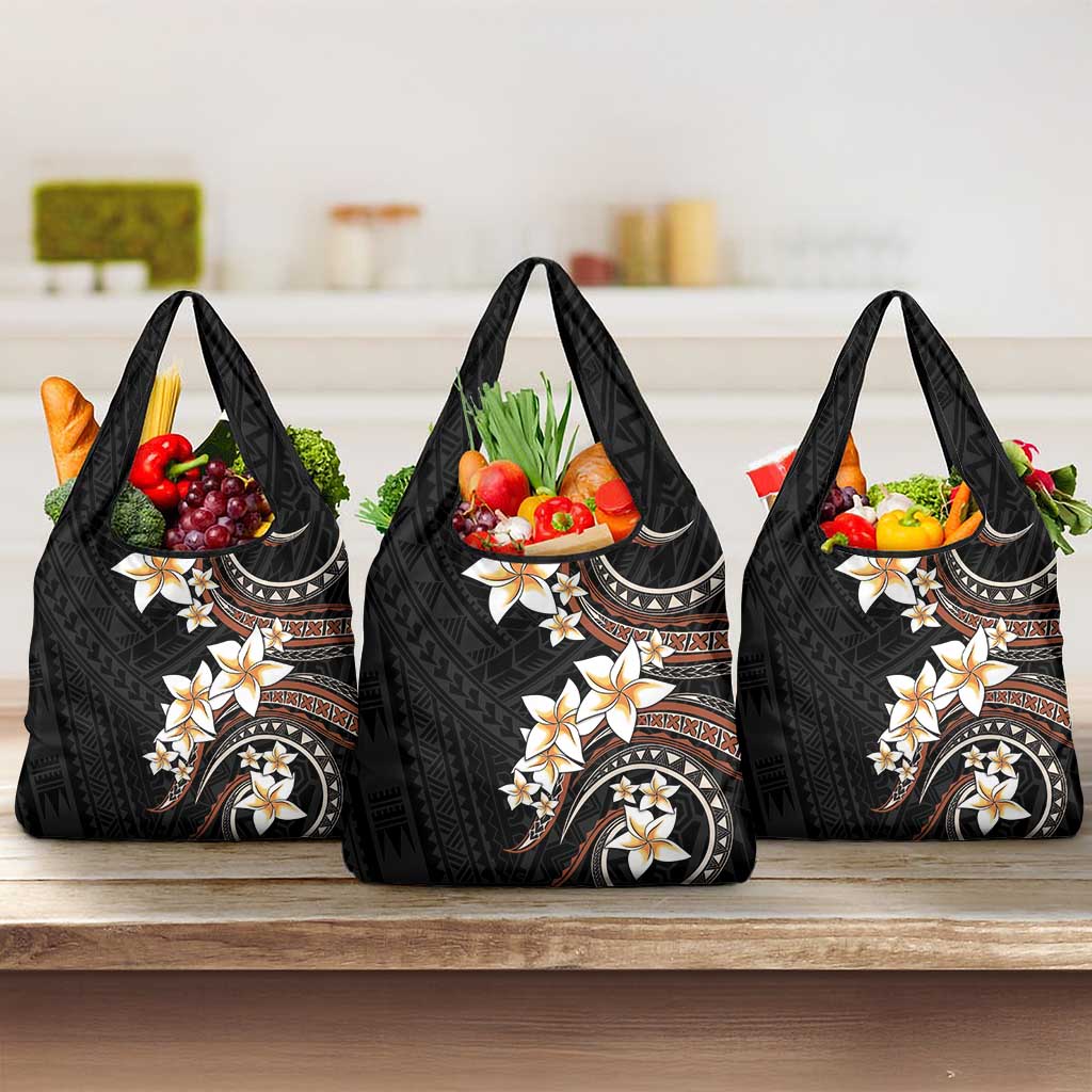 Vintage Plumeria Pacific Floral Grocery Bag LT9 3-pack One Size Black - Polynesian Pride