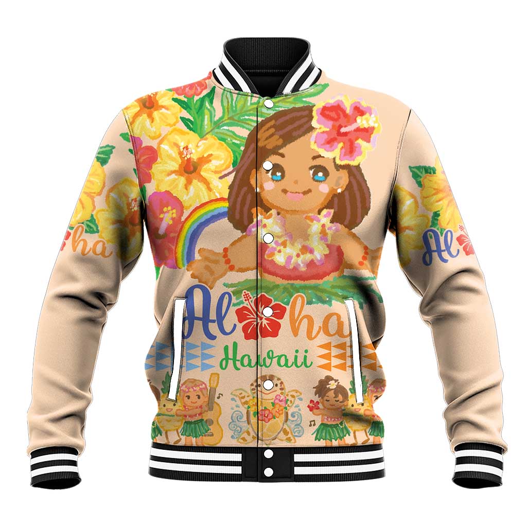 Kawaii Hula Girls Baseball Jacket Aloha Hibiscus Flowers LT9 Unisex Nude - Polynesian Pride