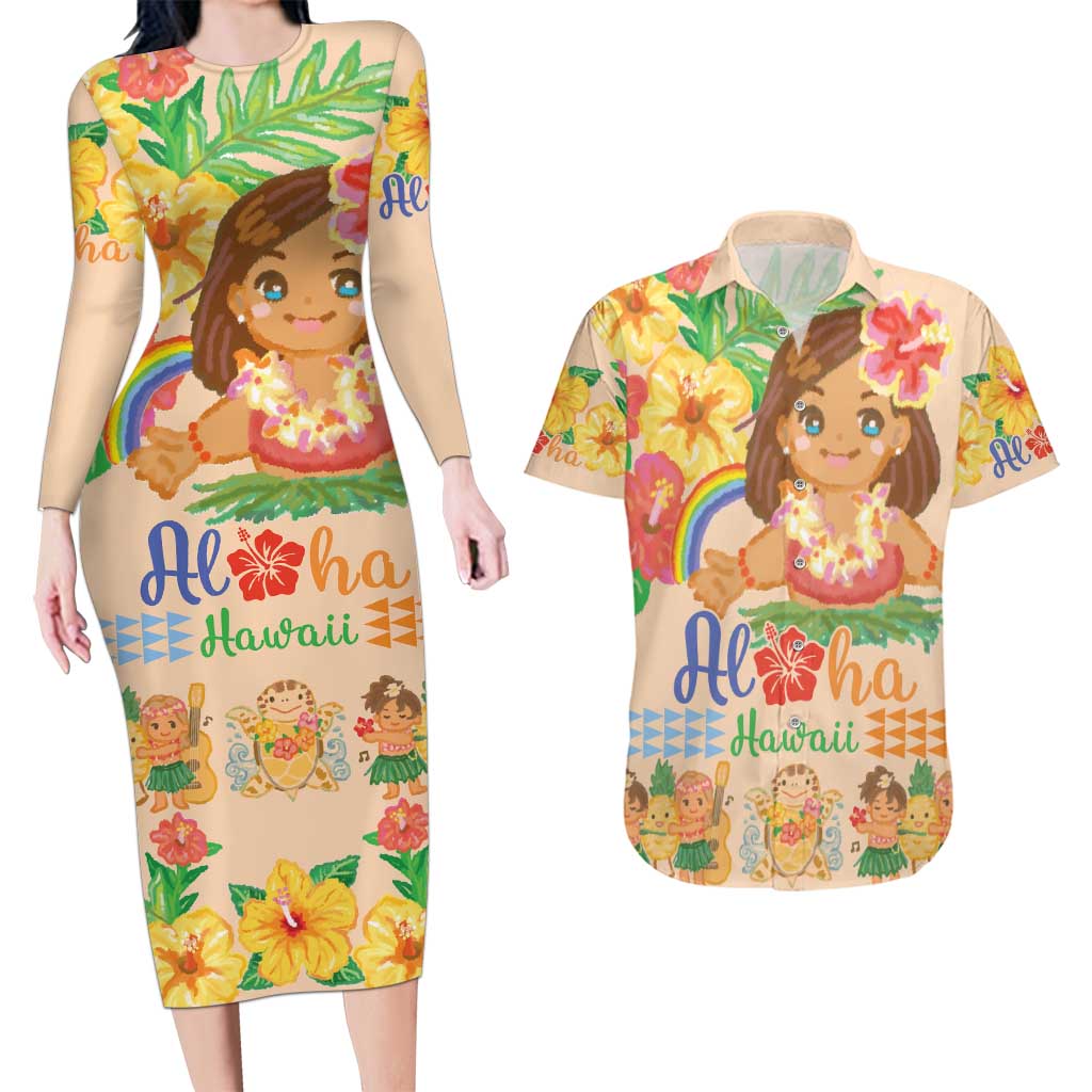 Kawaii Hula Girls Couples Matching Long Sleeve Bodycon Dress and Hawaiian Shirt Aloha Hibiscus Flowers