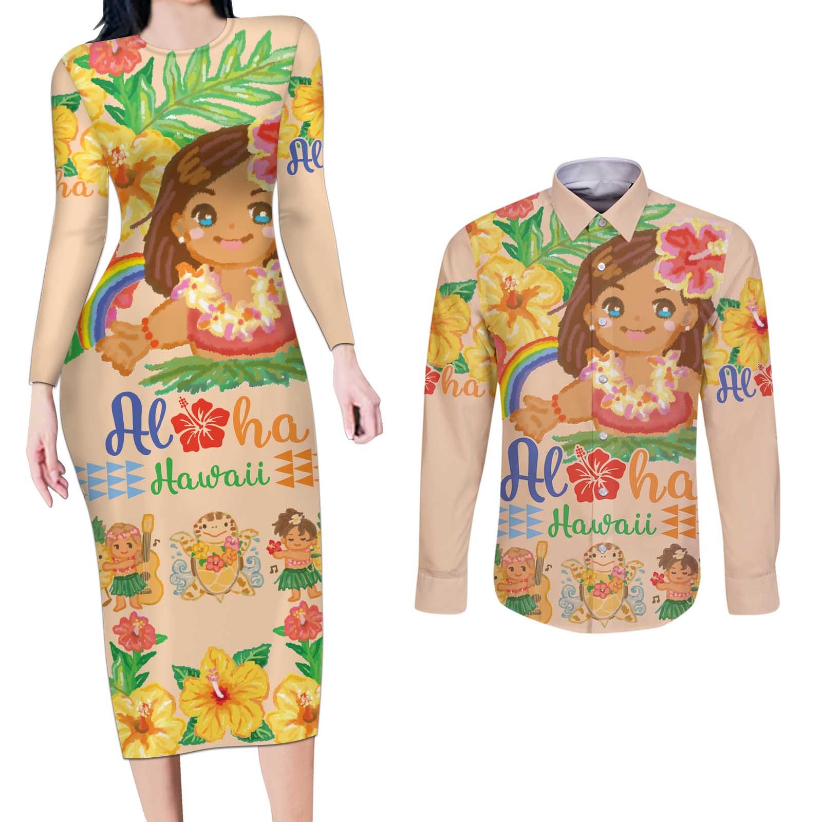 Kawaii Hula Girls Couples Matching Long Sleeve Bodycon Dress and Long Sleeve Button Shirt Aloha Hibiscus Flowers LT9 Nude - Polynesian Pride