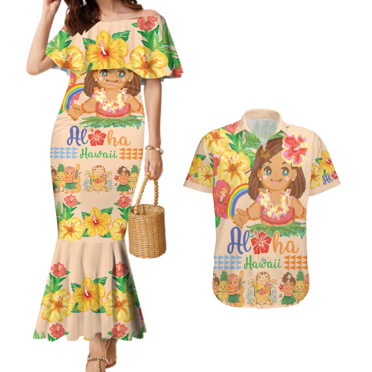 Kawaii Hula Girls Couples Matching Mermaid Dress and Hawaiian Shirt Aloha Hibiscus Flowers