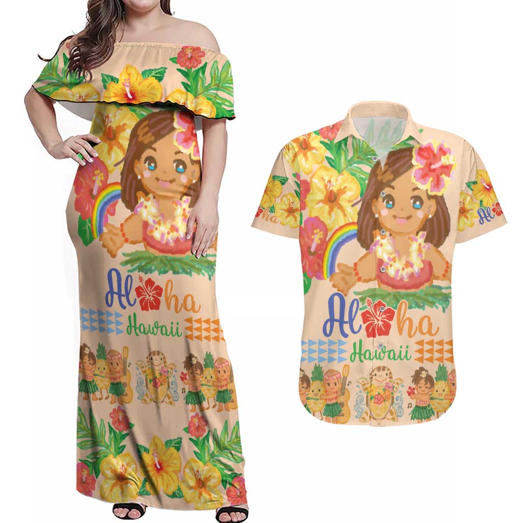 Kawaii Hula Girls Couples Matching Off Shoulder Maxi Dress and Hawaiian Shirt Aloha Hibiscus Flowers