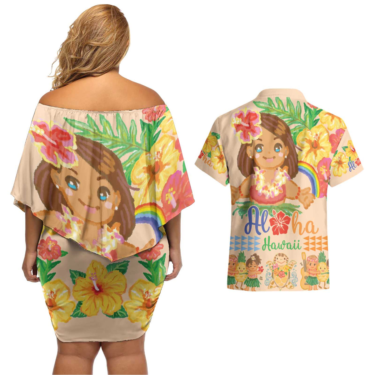 Kawaii Hula Girls Couples Matching Off Shoulder Short Dress and Hawaiian Shirt Aloha Hibiscus Flowers