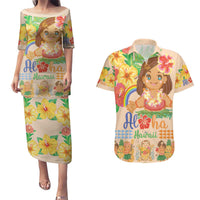 Kawaii Hula Girls Couples Matching Puletasi and Hawaiian Shirt Aloha Hibiscus Flowers