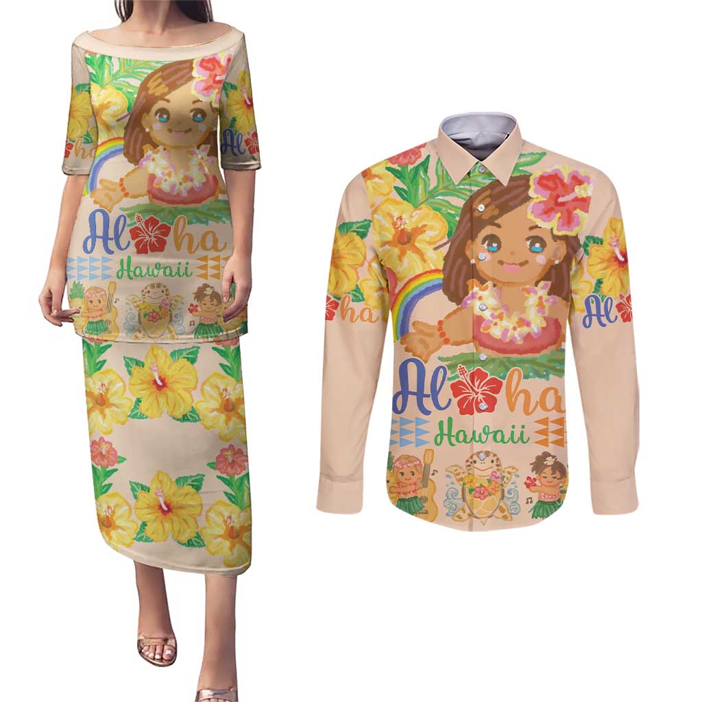 Kawaii Hula Girls Couples Matching Puletasi and Long Sleeve Button Shirt Aloha Hibiscus Flowers LT9 Nude - Polynesian Pride