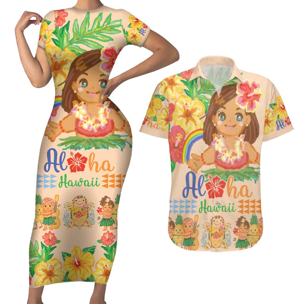 Kawaii Hula Girls Couples Matching Short Sleeve Bodycon Dress and Hawaiian Shirt Aloha Hibiscus Flowers