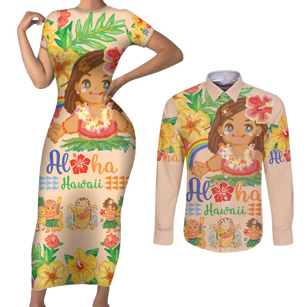 Kawaii Hula Girls Couples Matching Short Sleeve Bodycon Dress and Long Sleeve Button Shirt Aloha Hibiscus Flowers LT9 Nude - Polynesian Pride