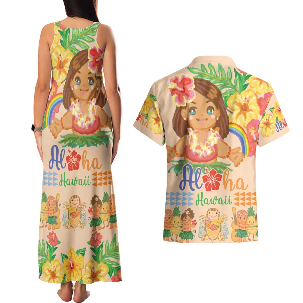 Kawaii Hula Girls Couples Matching Tank Maxi Dress and Hawaiian Shirt Aloha Hibiscus Flowers