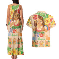 Kawaii Hula Girls Couples Matching Tank Maxi Dress and Hawaiian Shirt Aloha Hibiscus Flowers