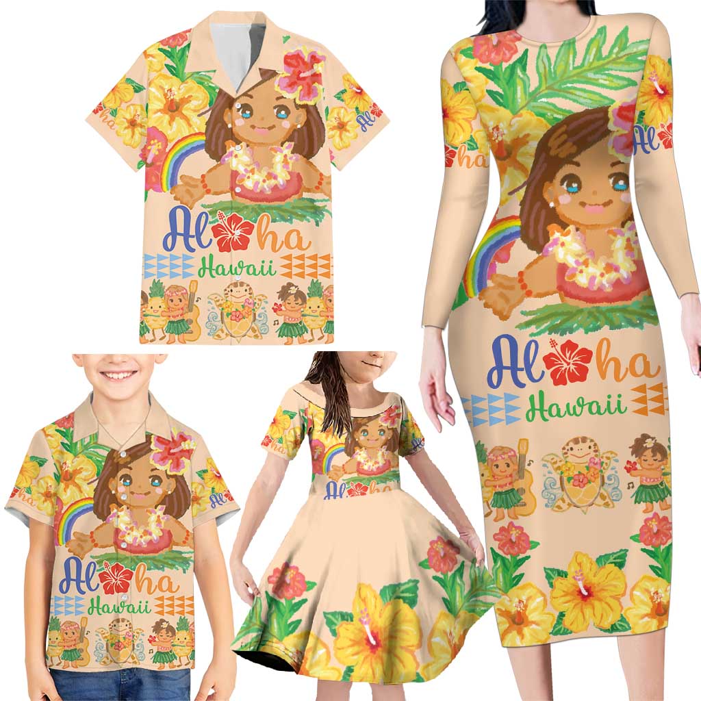 Kawaii Hula Girls Family Matching Long Sleeve Bodycon Dress and Hawaiian Shirt Aloha Hibiscus Flowers