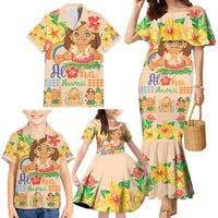 Kawaii Hula Girls Family Matching Mermaid Dress and Hawaiian Shirt Aloha Hibiscus Flowers