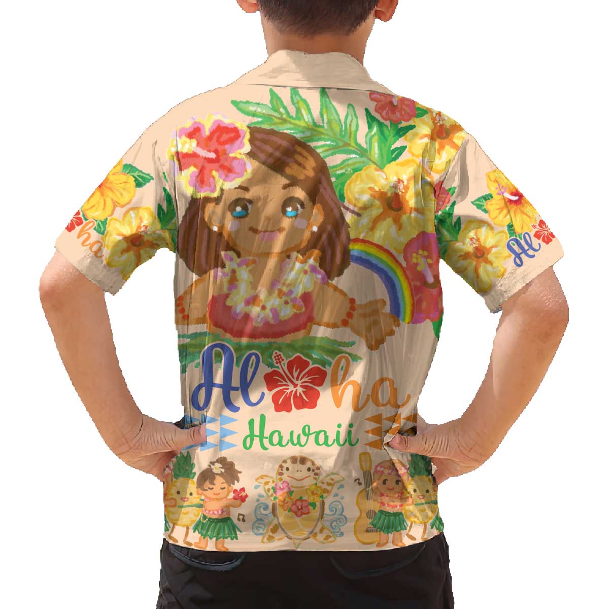 Kawaii Hula Girls Family Matching Off Shoulder Short Dress and Hawaiian Shirt Aloha Hibiscus Flowers