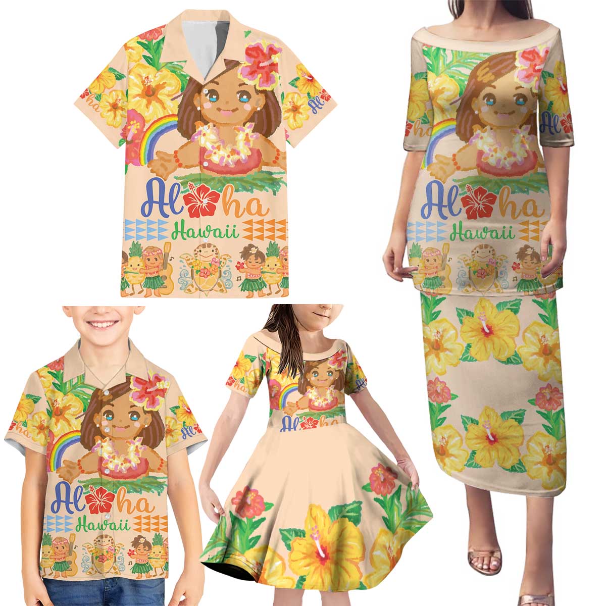 Kawaii Hula Girls Family Matching Puletasi and Hawaiian Shirt Aloha Hibiscus Flowers