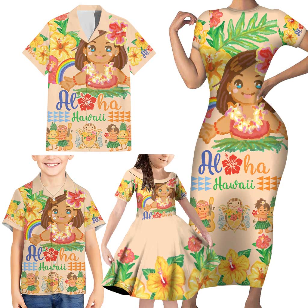 Kawaii Hula Girls Family Matching Short Sleeve Bodycon Dress and Hawaiian Shirt Aloha Hibiscus Flowers