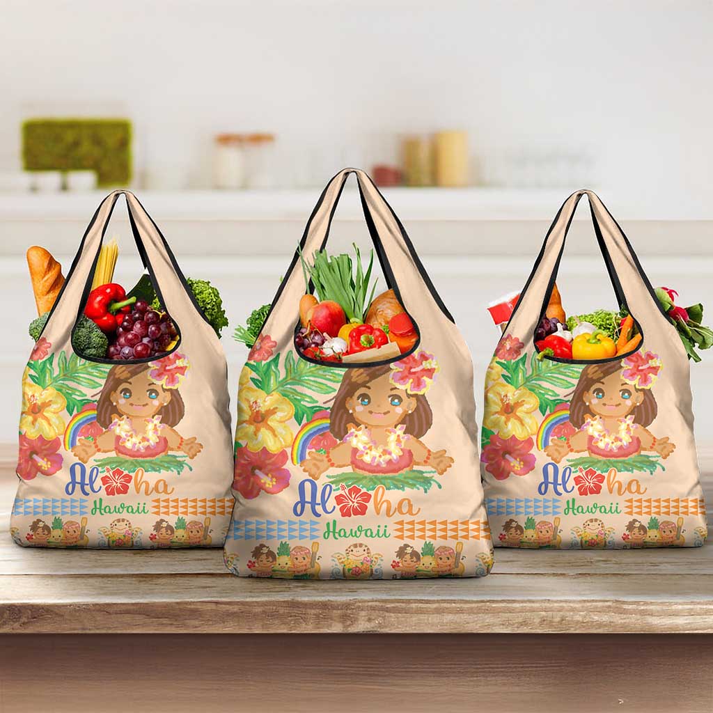 Kawaii Hula Girls Grocery Bag Aloha Hibiscus Flowers LT9 3-pack One Size Nude - Polynesian Pride