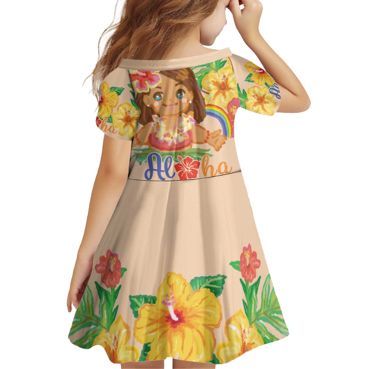 Kawaii Hula Girls Kid Short Sleeve Dress Aloha Hibiscus Flowers