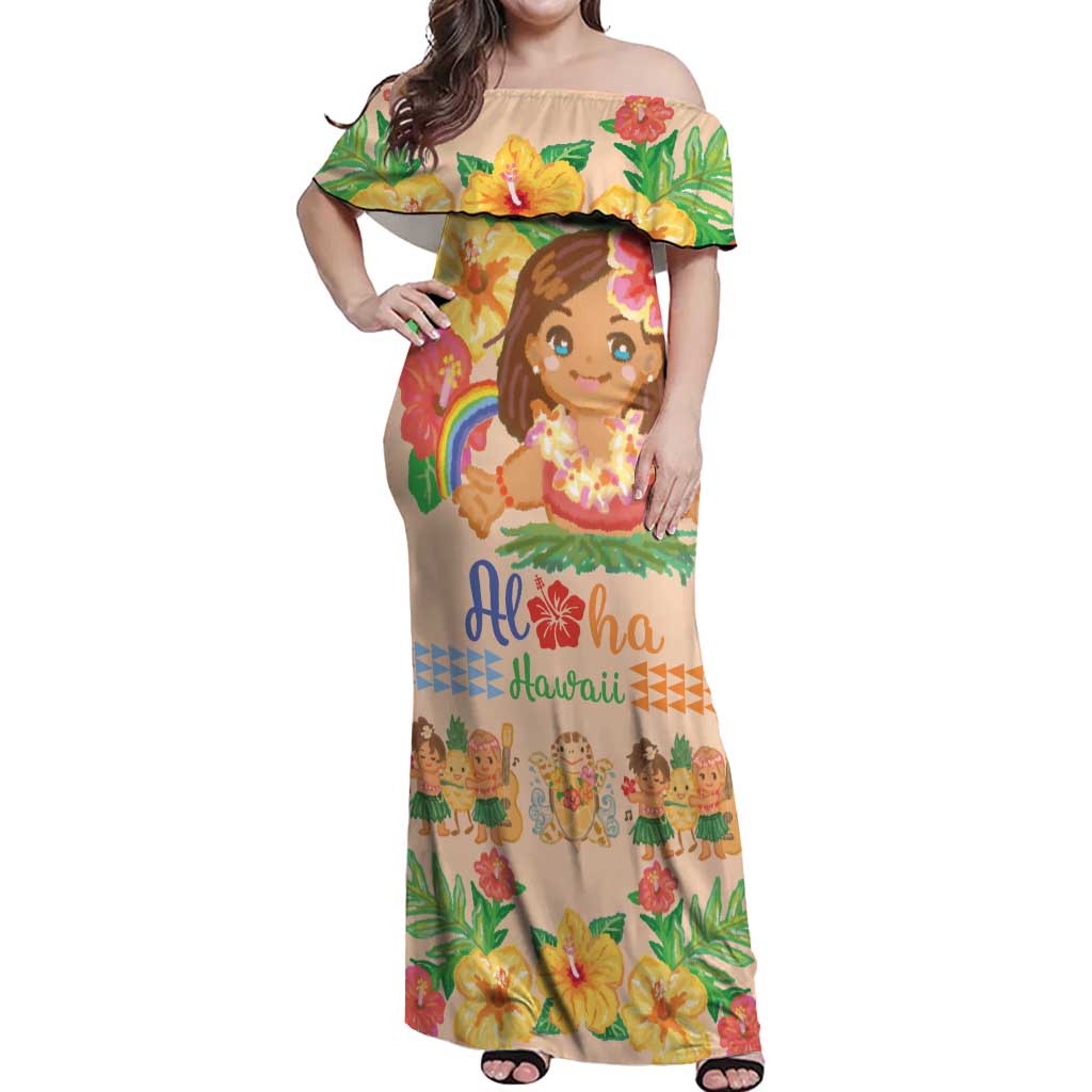 Kawaii Hula Girls Off Shoulder Maxi Dress Aloha Hibiscus Flowers LT9 Women Nude - Polynesian Pride