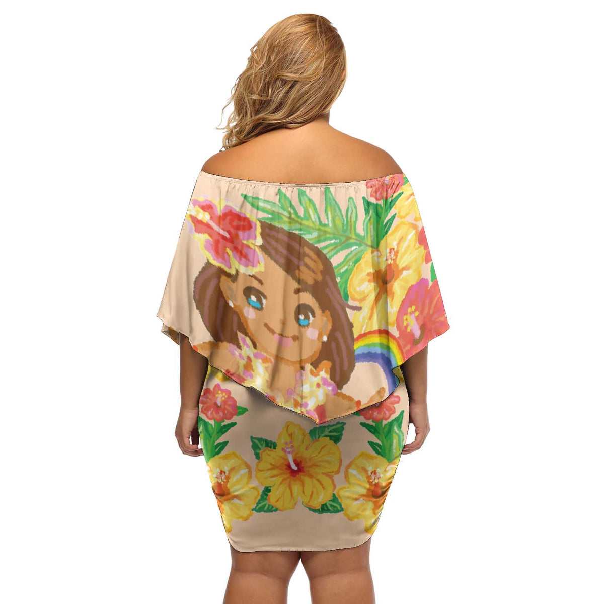 Kawaii Hula Girls Off Shoulder Short Dress Aloha Hibiscus Flowers LT9 - Polynesian Pride