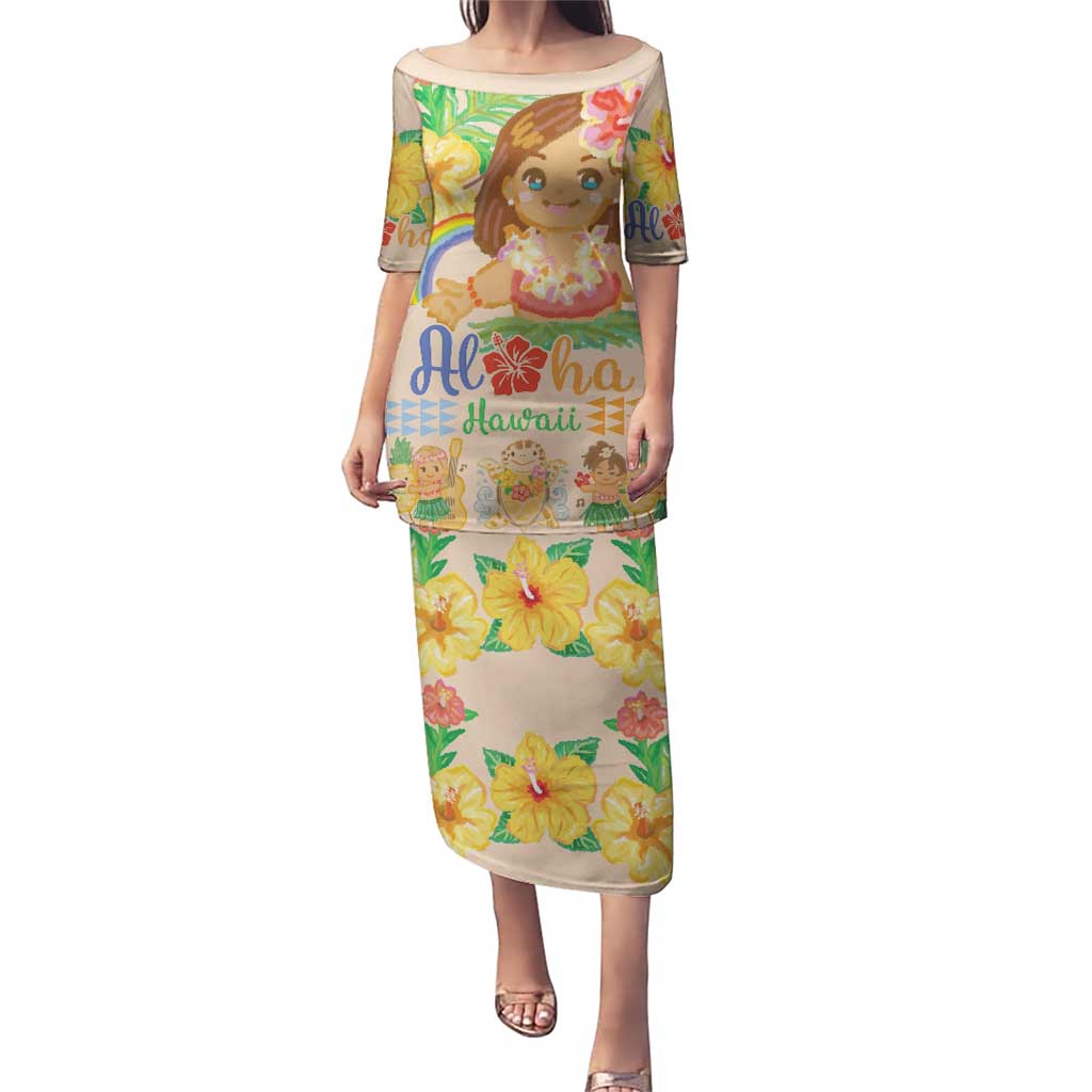 Kawaii Hula Girls Puletasi Aloha Hibiscus Flowers LT9 Long Dress Nude - Polynesian Pride