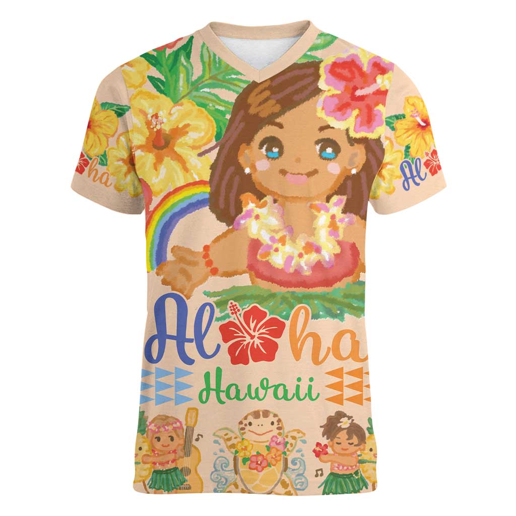 Kawaii Hula Girls Women V-Neck T-Shirt Aloha Hibiscus Flowers