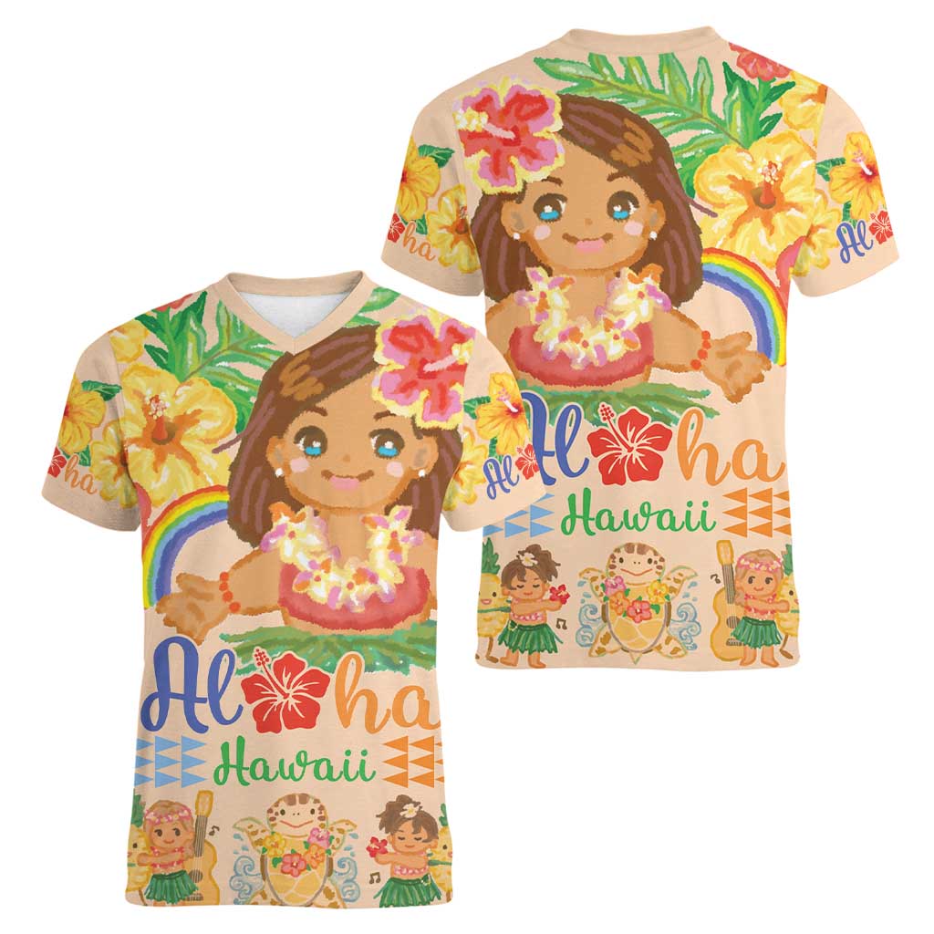 Kawaii Hula Girls Women V-Neck T-Shirt Aloha Hibiscus Flowers