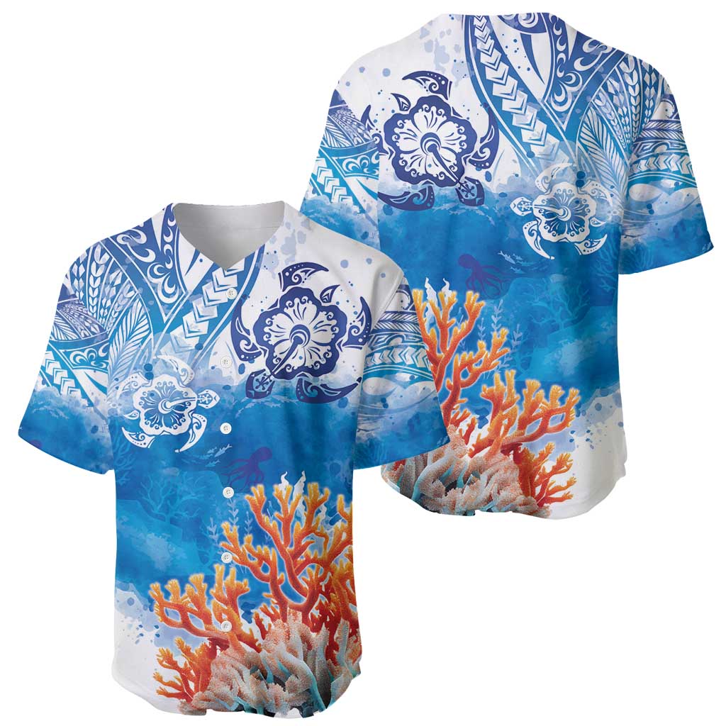 Hibiscus Turtle Tattoo Coral Reef Baseball Jersey with Polynesian Tribal
