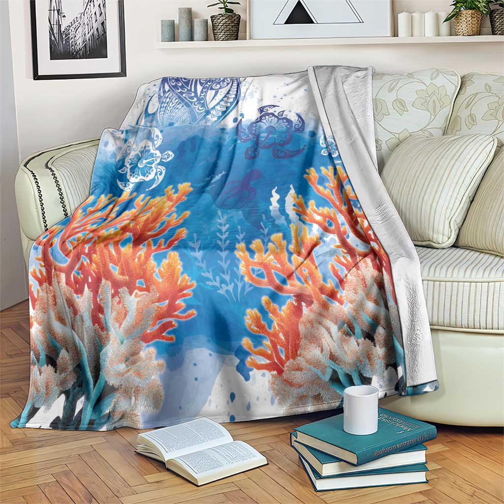 Hibiscus Turtle Tattoo Coral Reef Blanket with Polynesian Tribal LT9 White - Polynesian Pride