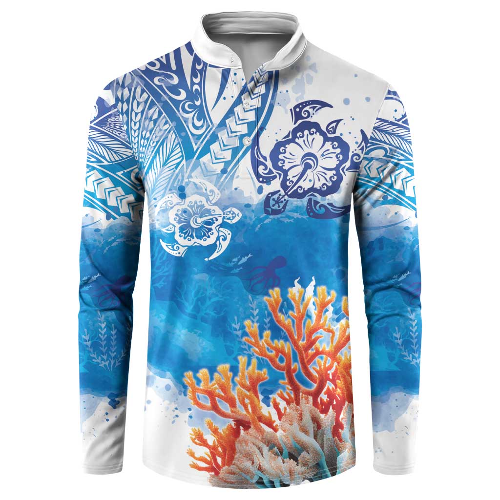 Hibiscus Turtle Tattoo Coral Reef Button Sweatshirt with Polynesian Tribal LT9 White - Polynesian Pride