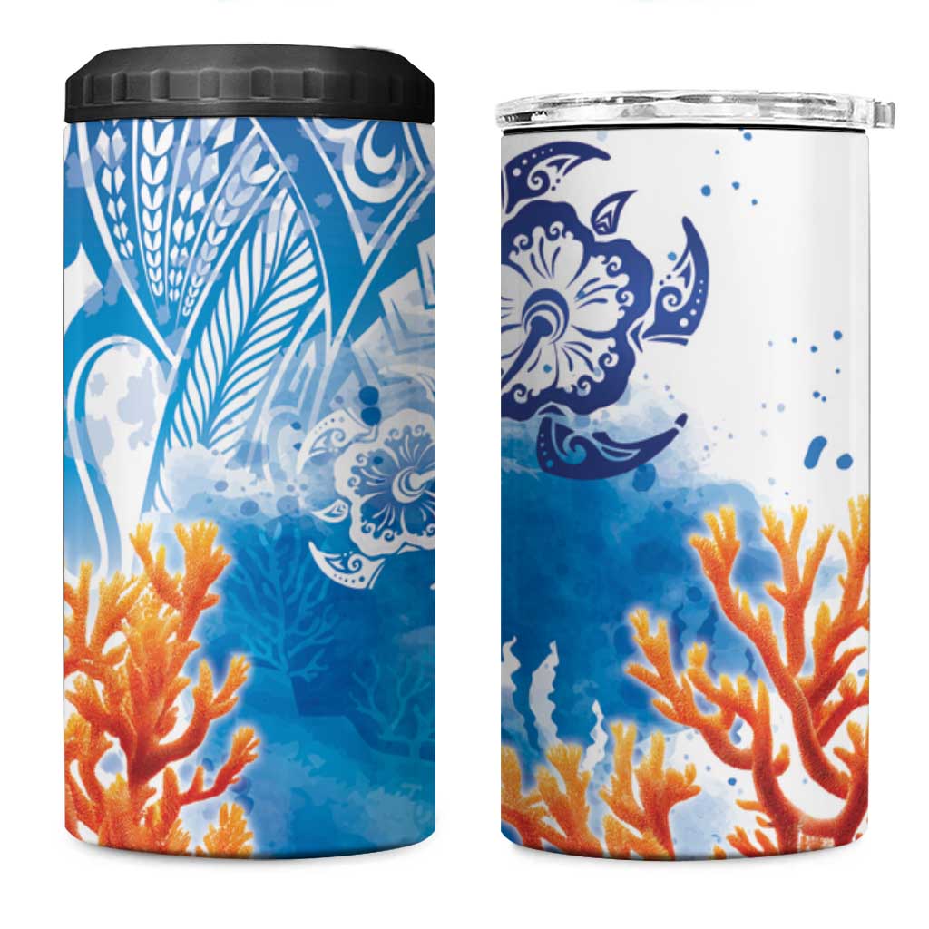 Hibiscus Turtle Tattoo Coral Reef 4 in 1 Can Cooler Tumbler with Polynesian Tribal