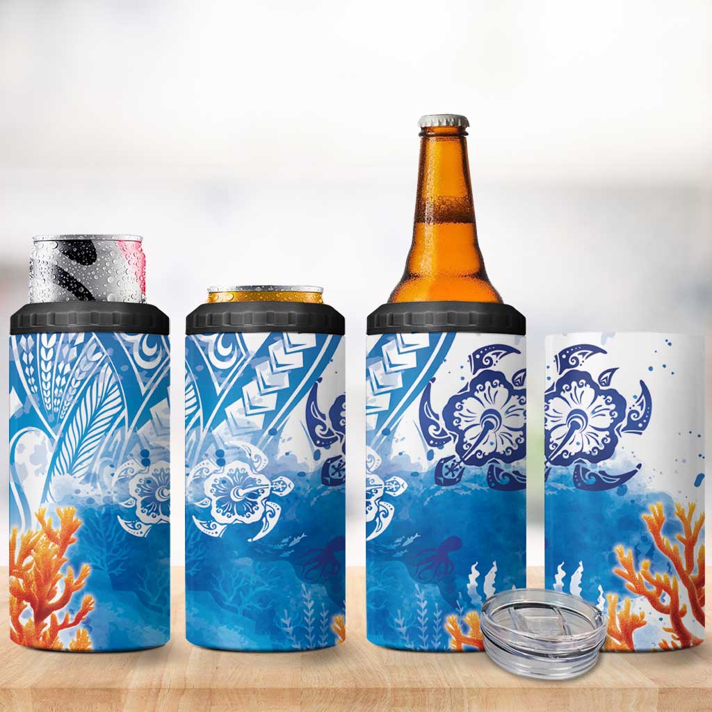 Hibiscus Turtle Tattoo Coral Reef 4 in 1 Can Cooler Tumbler with Polynesian Tribal