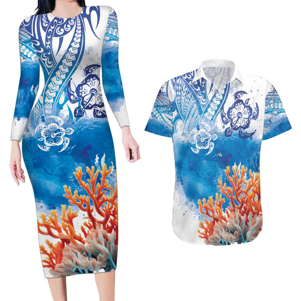 Hibiscus Turtle Tattoo Coral Reef Couples Matching Long Sleeve Bodycon Dress and Hawaiian Shirt with Polynesian Tribal