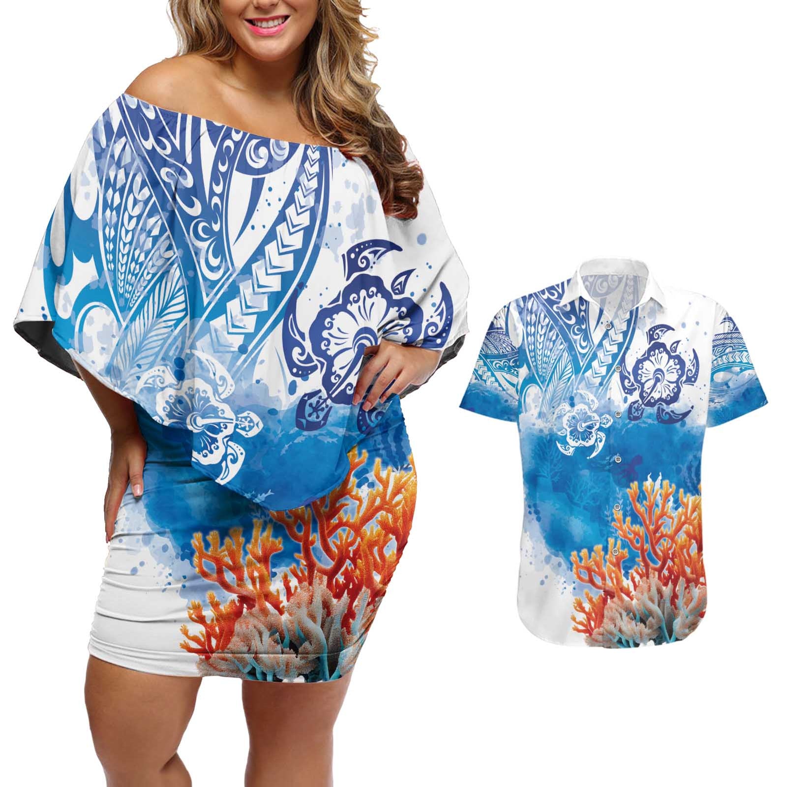 Hibiscus Turtle Tattoo Coral Reef Couples Matching Off Shoulder Short Dress and Hawaiian Shirt with Polynesian Tribal