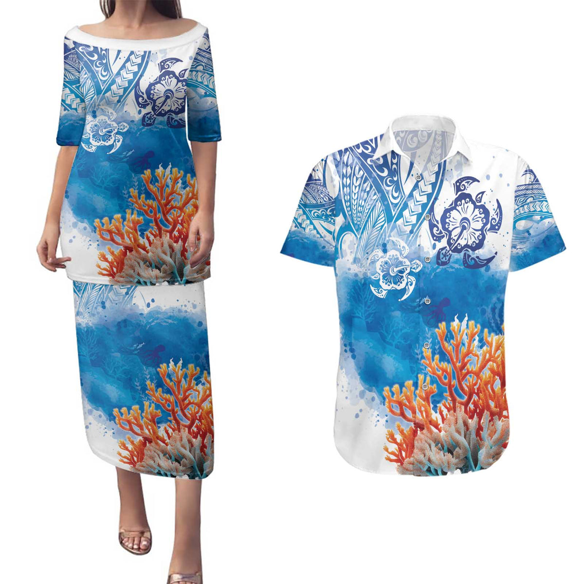 Hibiscus Turtle Tattoo Coral Reef Couples Matching Puletasi and Hawaiian Shirt with Polynesian Tribal