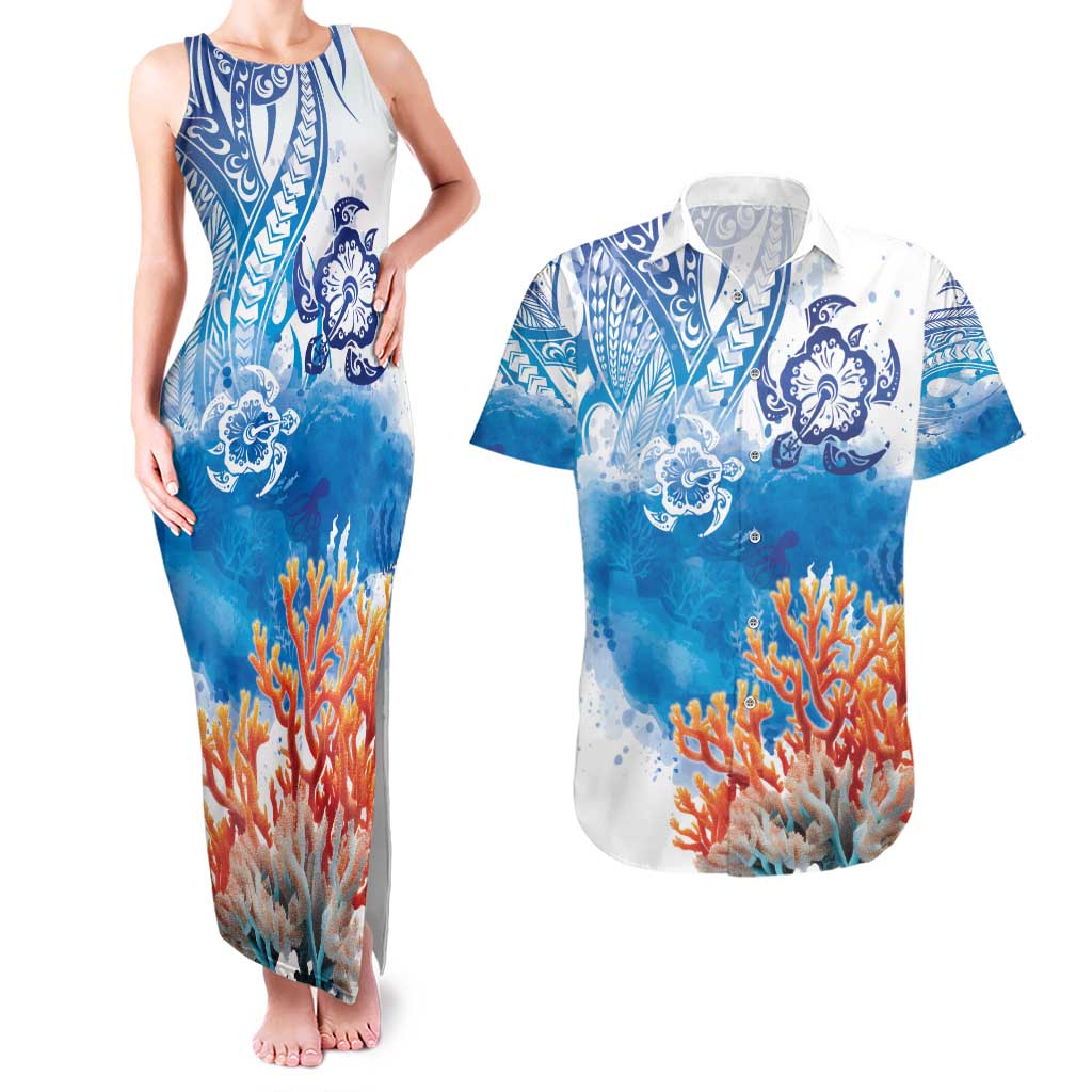 Hibiscus Turtle Tattoo Coral Reef Couples Matching Tank Maxi Dress and Hawaiian Shirt with Polynesian Tribal