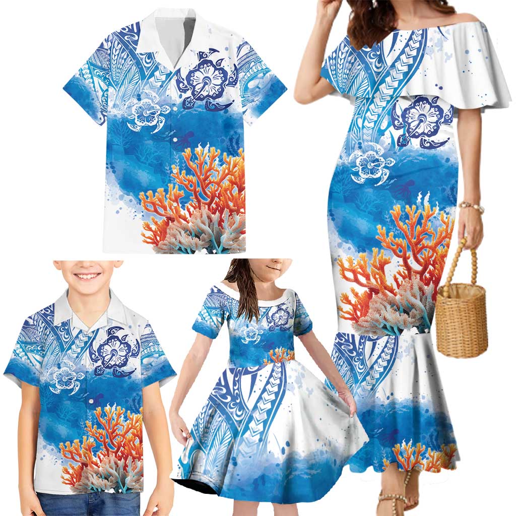 Hibiscus Turtle Tattoo Coral Reef Family Matching Mermaid Dress and Hawaiian Shirt with Polynesian Tribal